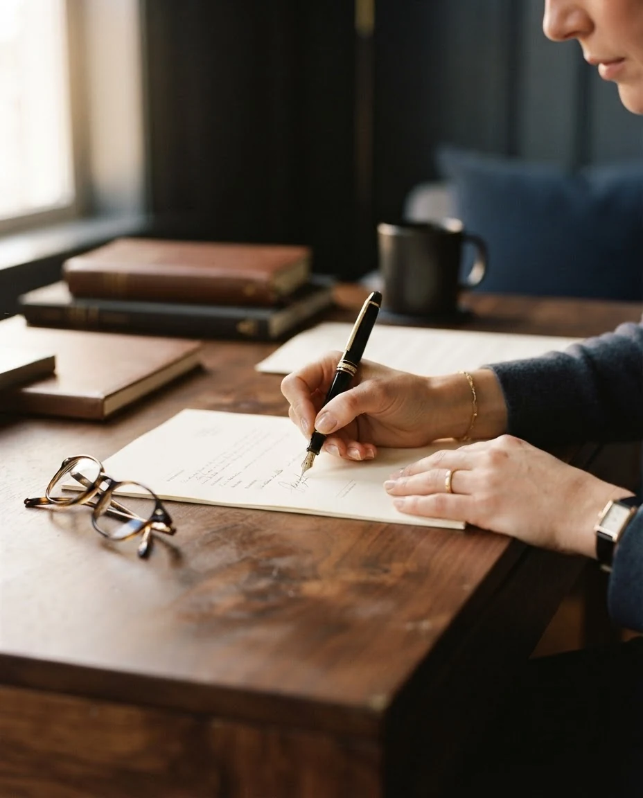 Mãos assinando um documento de trabalho sobre uma mesa de madeira